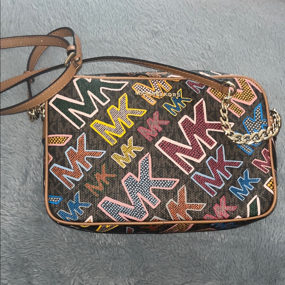Michael Kors Multicolor MK Logo Crossbody with Brown Trim